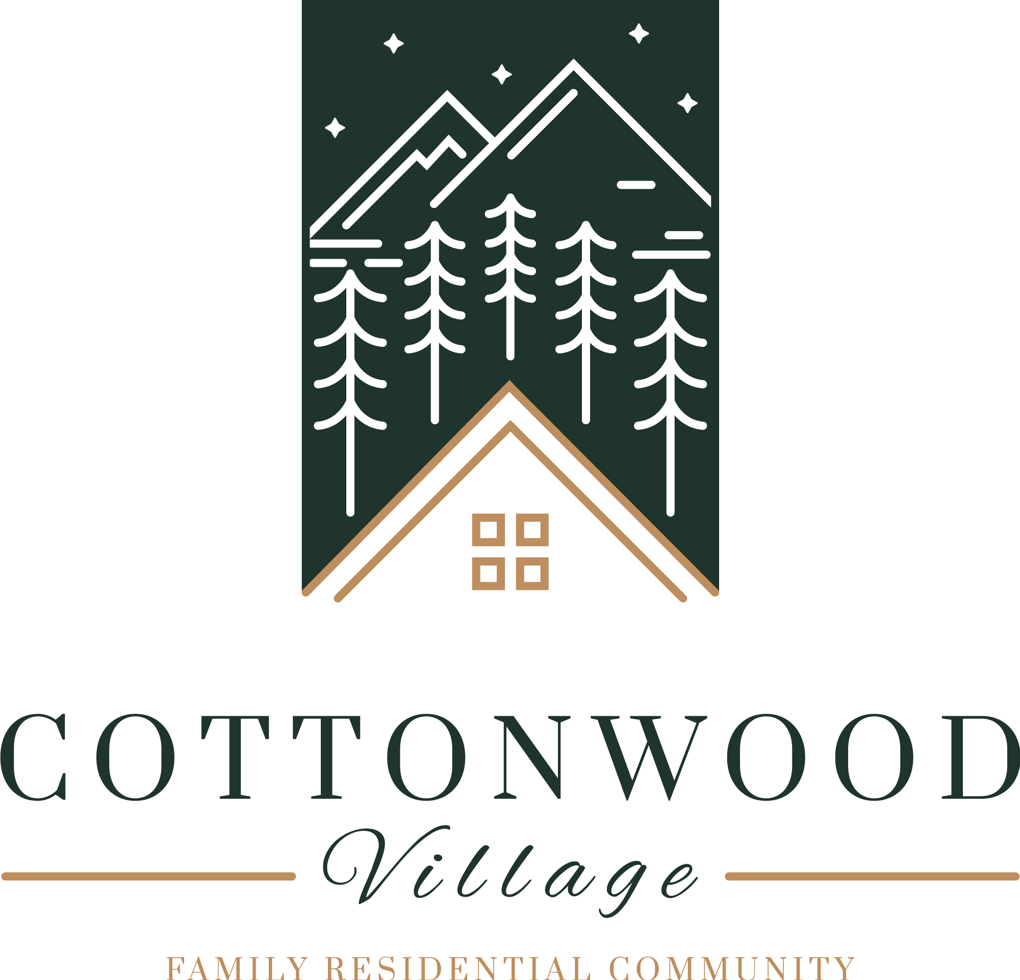 Green and gold logo of Cottonwood Village on a transparent background
