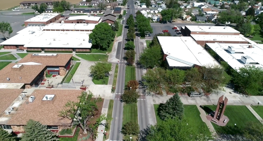 A drone shot of the main street of Powell, Wyoming