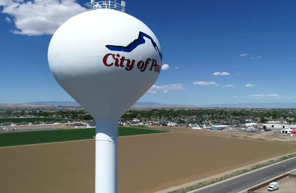A drone shot of the Powell Water Tower in Powell, Wyoming