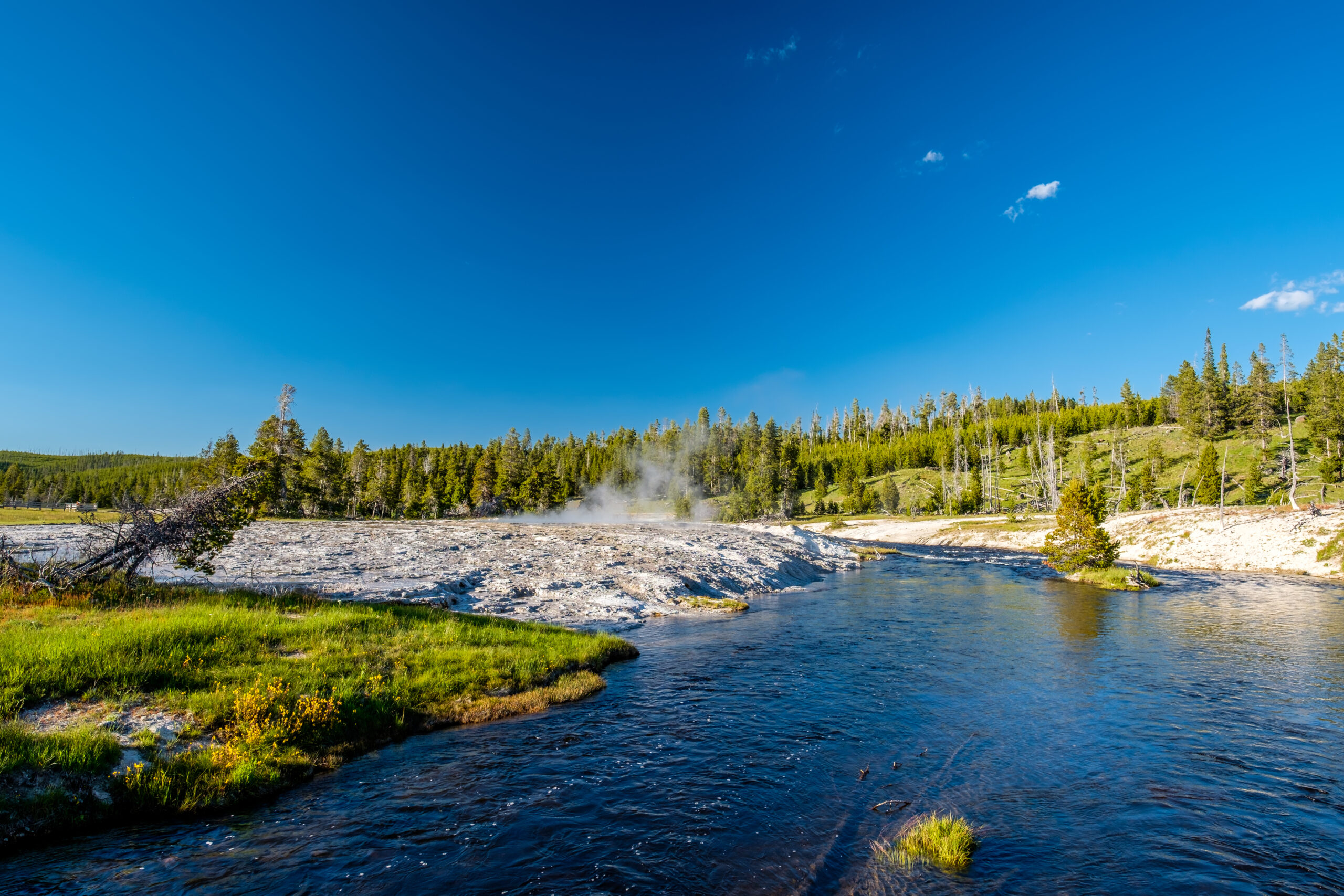 A drone shot of the firehole river at Yellowstone National Park